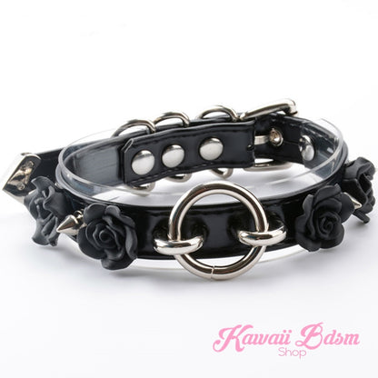 Collar choker o ring flower roses floral antheia goddess princess pink black fetish fashion alternative outfit by Kawaii BDSM - cute and kinky / Worldwide Free Shipping (11438800071)