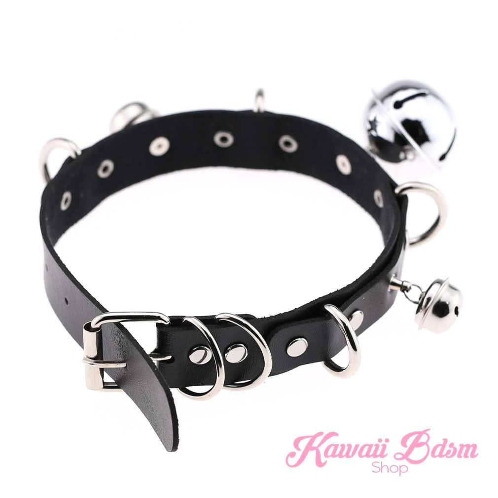 The classic black leather neko petplay collar variation featuring high-contrast silver hardware and a shiny silver bell.