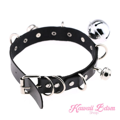 The classic black leather neko petplay collar variation featuring high-contrast silver hardware and a shiny silver bell.