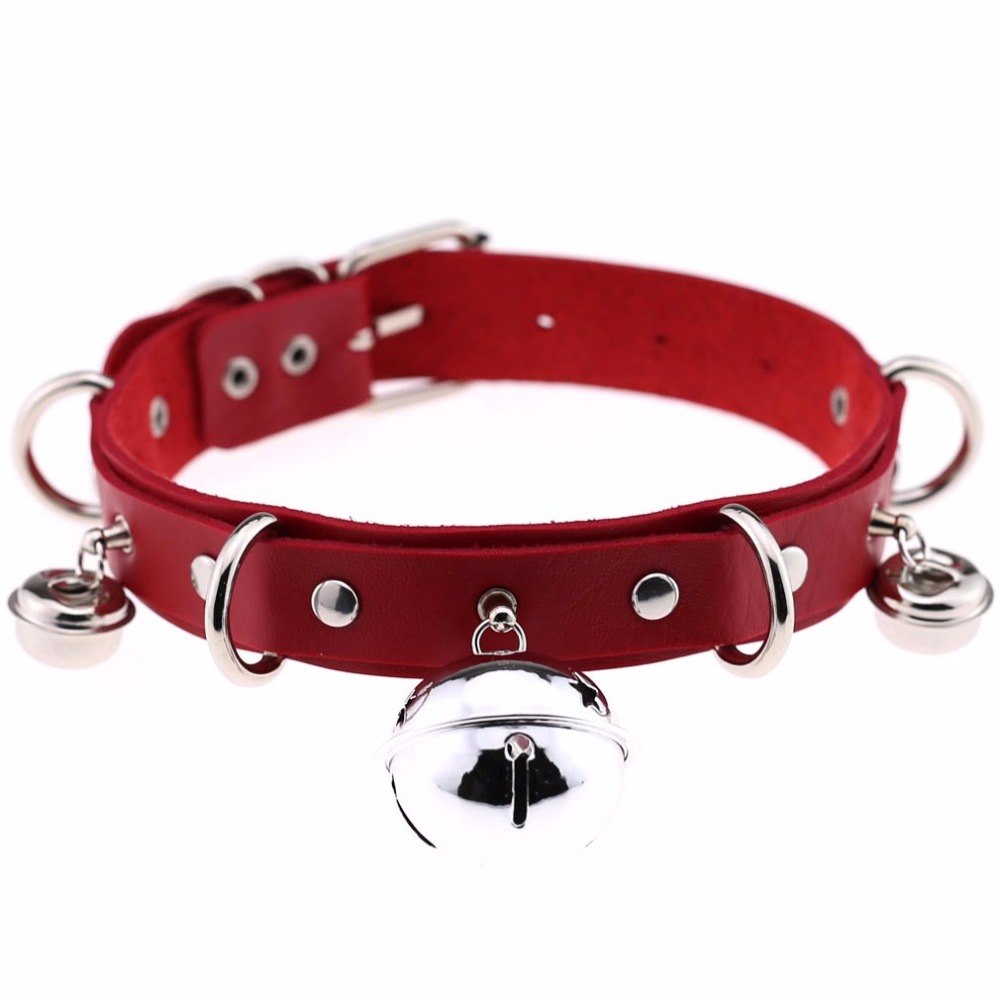 e bold crimson red leather petplay collar variation equipped with bright silver metal hardware and a shiny bell.