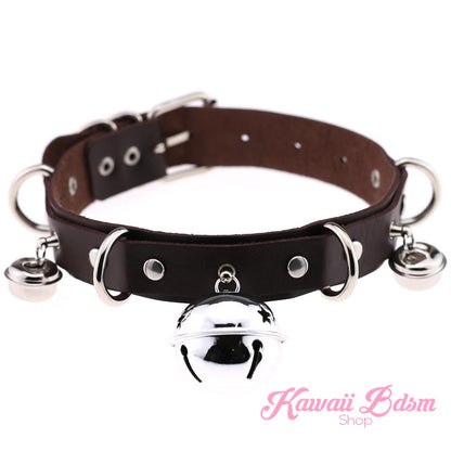 The rich dark brown leather cat bell collar variation with traditional silver metal hardware and a central jingle bell.