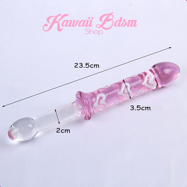 Horizontal display of the pink heart double ended glass dildo showing dimensions: 23.9 cm total length, 3.5 cm width on the pink end, and 2 cm width on the clear end.