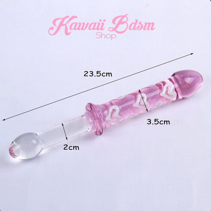 Horizontal display of the pink heart double ended glass dildo showing dimensions: 23.9 cm total length, 3.5 cm width on the pink end, and 2 cm width on the clear end.