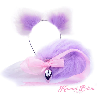 Lilac purple lavender pastel White vegan faux fur tail plug ears set silicone stainless steel bunny neko catgirl cat kittenplay kitten girl boy petplay pet sexy adult toys buttplug plug anal ass submissive ddlg cgl mdlg mdlb ddlb little aesthetic japanese sexy adult couple ddlgworld ddlgplayground by Kawaii BDSM - cute and kinky / Worldwide Free Shipping (4341030846516)