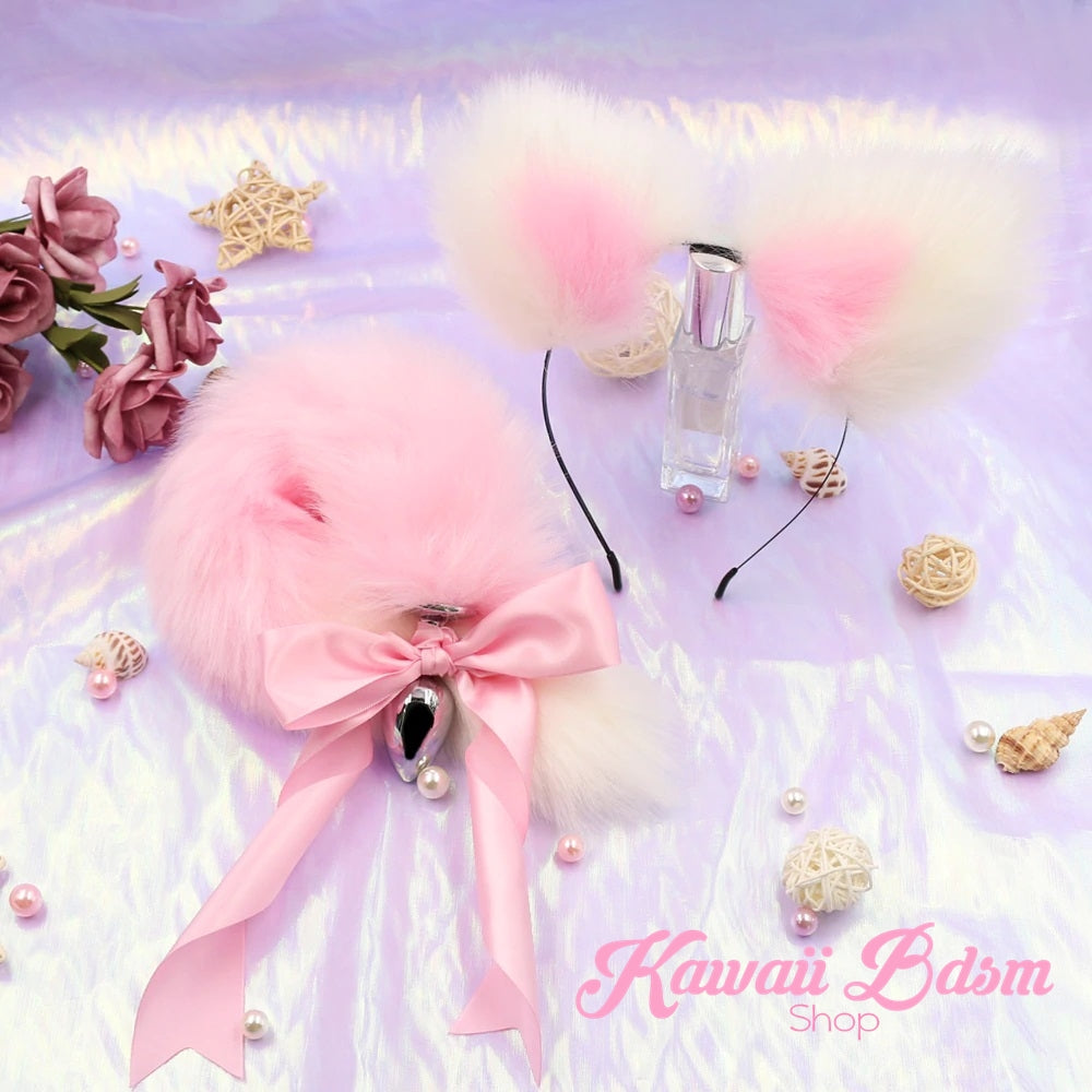 Light pink pastel White vegan faux fur tail plug ears set silicone stainless steel bunny neko catgirl cat kittenplay kitten girl boy petplay pet sexy adult toys buttplug plug anal ass submissive ddlg cgl mdlg mdlb ddlb little aesthetic japanese sexy adult couple ddlgworld ddlgplayground by Kawaii BDSM - cute and kinky / Worldwide Free Shipping (1673792618548)