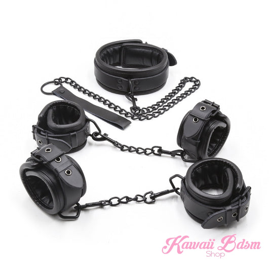Bdsm bondage kit set vegan leather faux superior premium luxury restraints couple sex black collar hand cuffs ankle leash pet play kitten submissive sub slave by Kawaii Bdsm - cute and kinky / worldwide Free & Discreet Shipping (1227495637044)