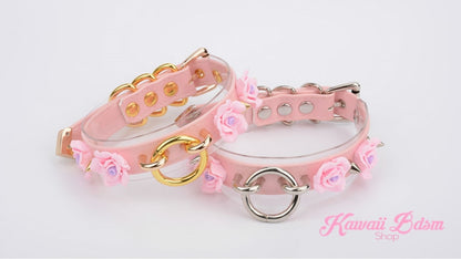Collar choker o ring flower roses floral antheia goddess princess pink black fetish fashion alternative outfit by Kawaii BDSM - cute and kinky / Worldwide Free Shipping (11438800071)