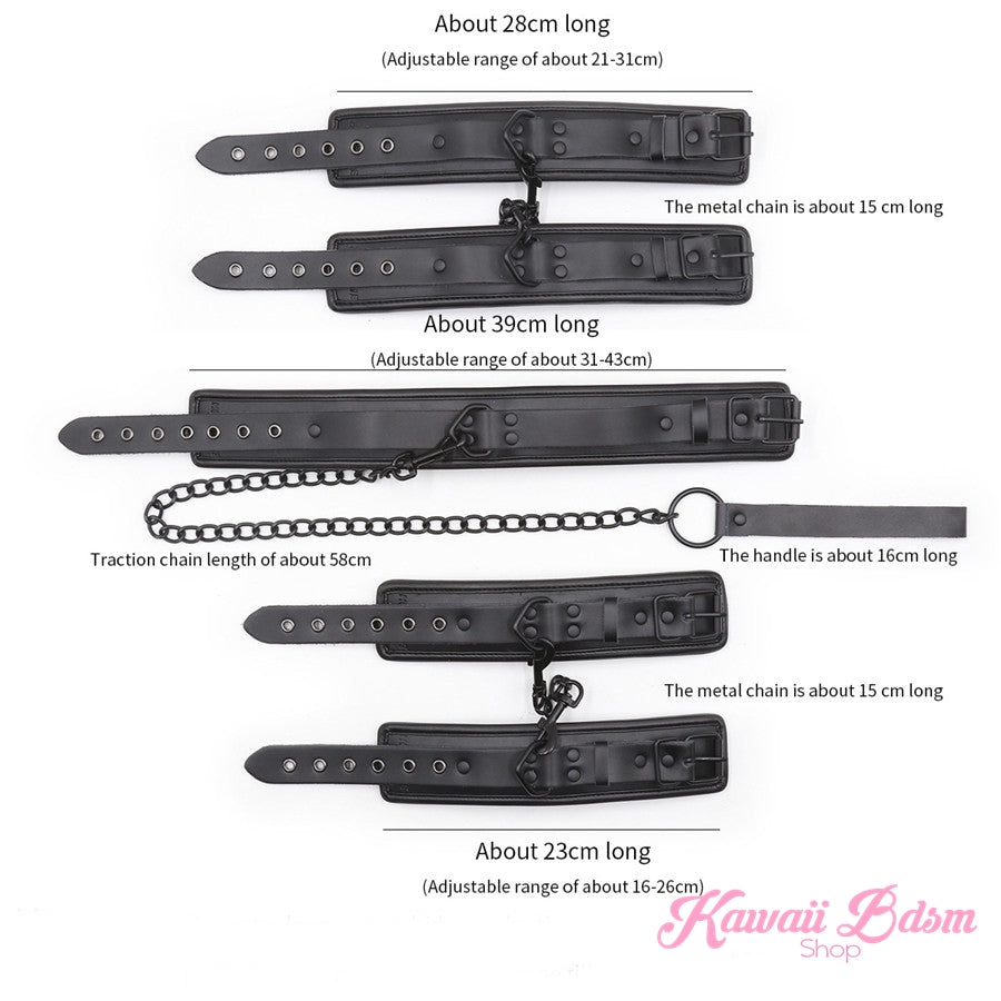 Bdsm bondage kit set vegan leather faux superior premium luxury restraints couple sex black collar hand cuffs ankle leash pet play kitten submissive sub slave by Kawaii Bdsm - cute and kinky / worldwide Free & Discreet Shipping (1227495637044)