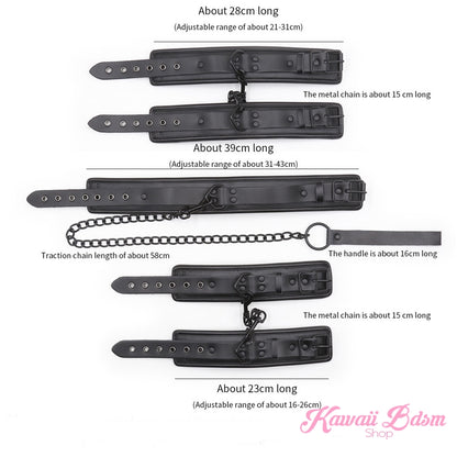 Bdsm bondage kit set vegan leather faux superior premium luxury restraints couple sex black collar hand cuffs ankle leash pet play kitten submissive sub slave by Kawaii Bdsm - cute and kinky / worldwide Free & Discreet Shipping (1227495637044)