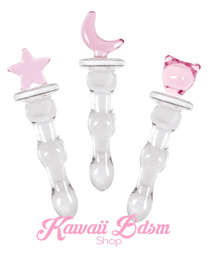 Side-by-side comparison of three kawaii clear glass pleasure wands featuring pink star, moon, and kitty handles.