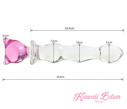 Horizontal display of the pink kitty glass wand showing exact dimensions of 20.8 cm in length and 3.4 cm in width for comfortable play.