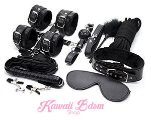 Bdsm kit Set 10 pcs gag hand cuffs collar leash ankle cuffs whip paddle nipple clamps  feather rope shibari bondage cute black fetish aesthetic ddlg cglg mdlg ddlb mdlb little submissive restraints sex couple by Kawaii BDSM - cute and kinky / Worldwide Free Shipping (10886152391)
