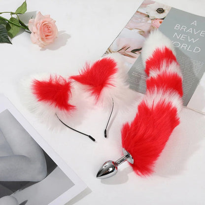 red and white  pastel high quality tails matching cat fox ears pet kitten cat play bdsm bondage ageplay ddlg cglg little one roleplay kawaii bdsm