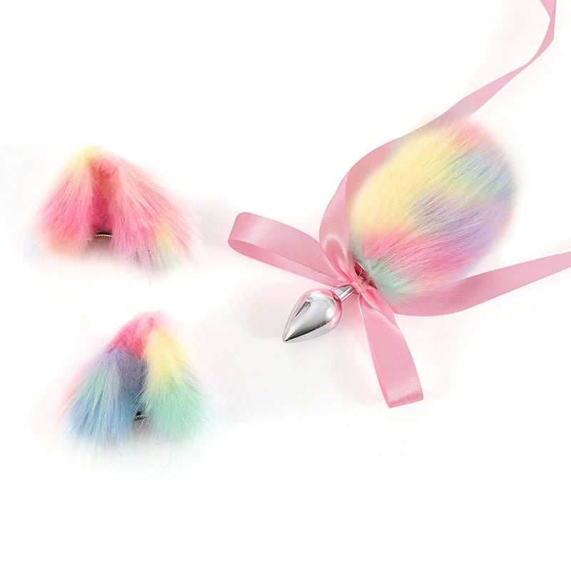 pastel rainbow galaxy tail buttplug tail ears rabbit cat fox pink blue ddlg petplay Kawaii Bdsm kitten play