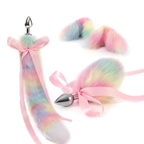 pastel rainbow galaxy tail buttplug tail ears rabbit cat fox pink blue ddlg petplay Kawaii Bdsm kitten play