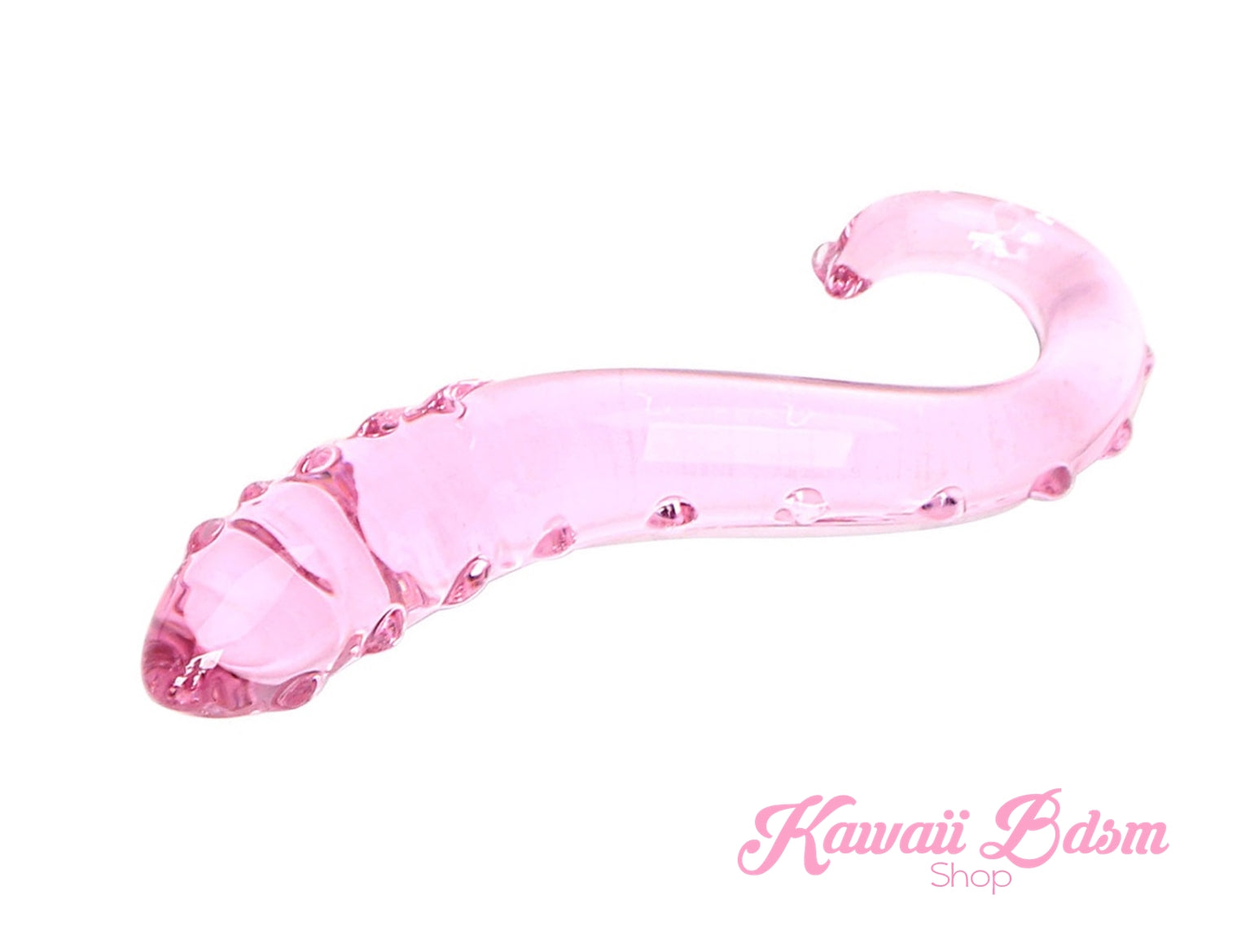 Slender pastel pink glass tentacle wand featuring a gentle curve and subtle textures on a white background.
