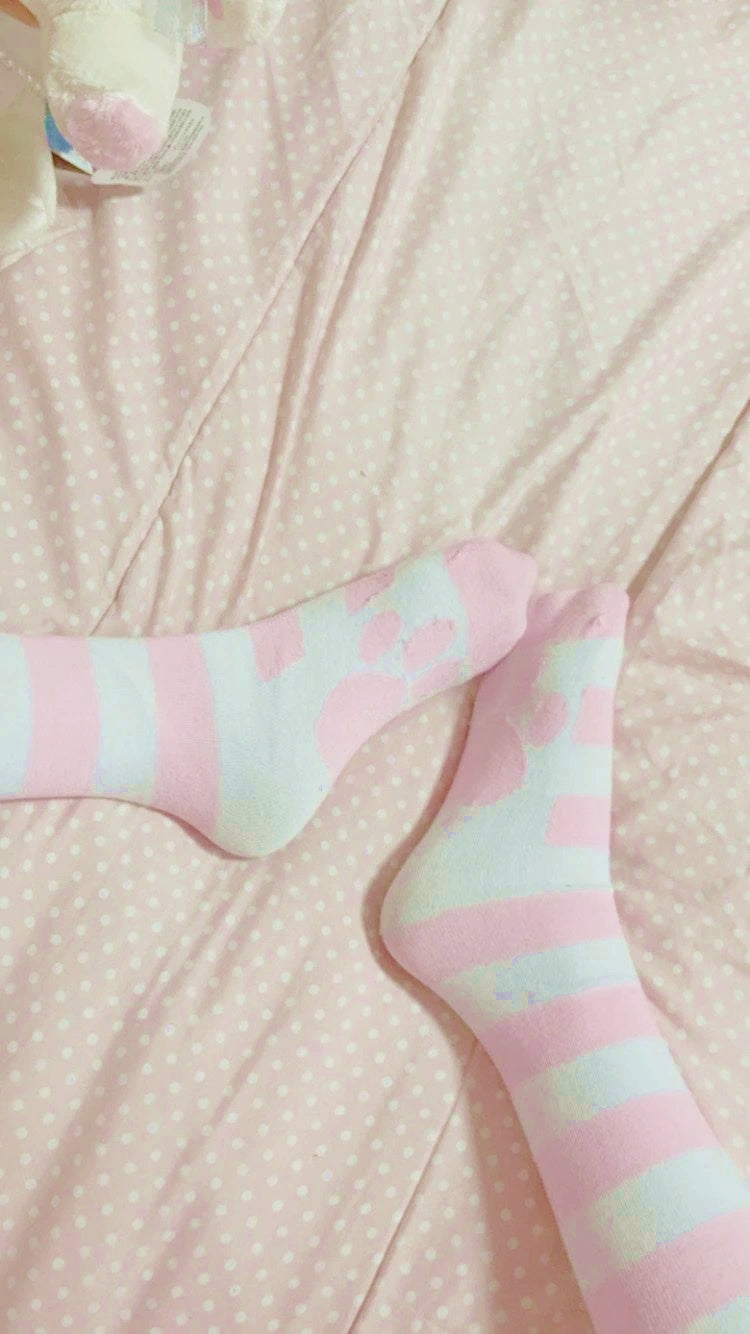 Paw Print Striped Thigh Highs (5877349810338)