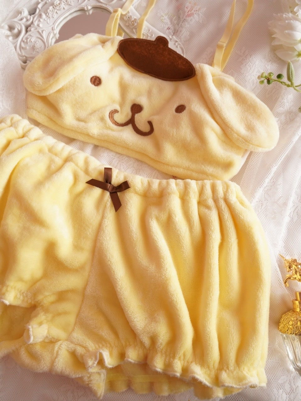 pompompurin pajama shorts top bra lingerie cute kawaii aesthetic soft fuzzy style 