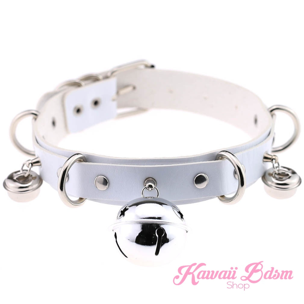 The pure white leather kitty cat bell collar variation with elegant polished silver hardware and matching silver bells.