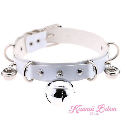 The pure white leather kitty cat bell collar variation with elegant polished silver hardware and matching silver bells.