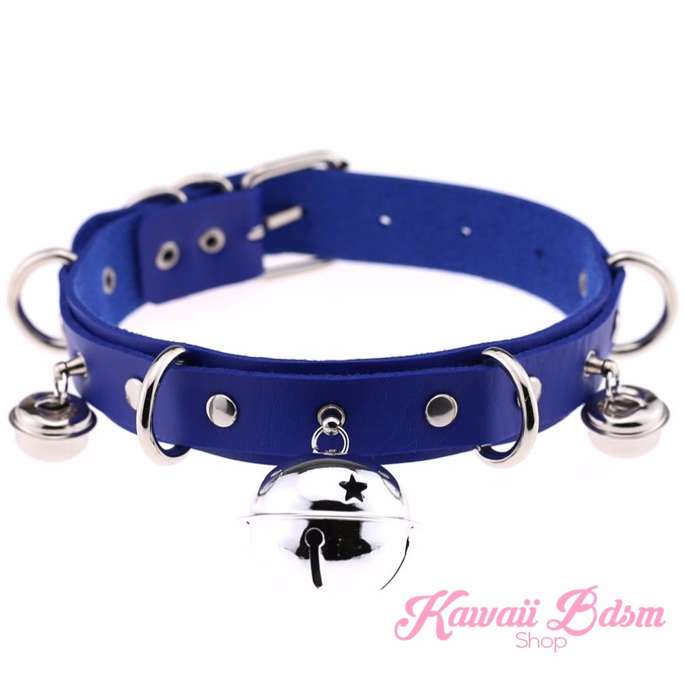 The deep royal blue leather petplay collar variation with shiny silver hardware, side d-rings, and a central bell.