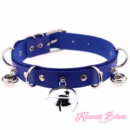 The deep royal blue leather petplay collar variation with shiny silver hardware, side d-rings, and a central bell.