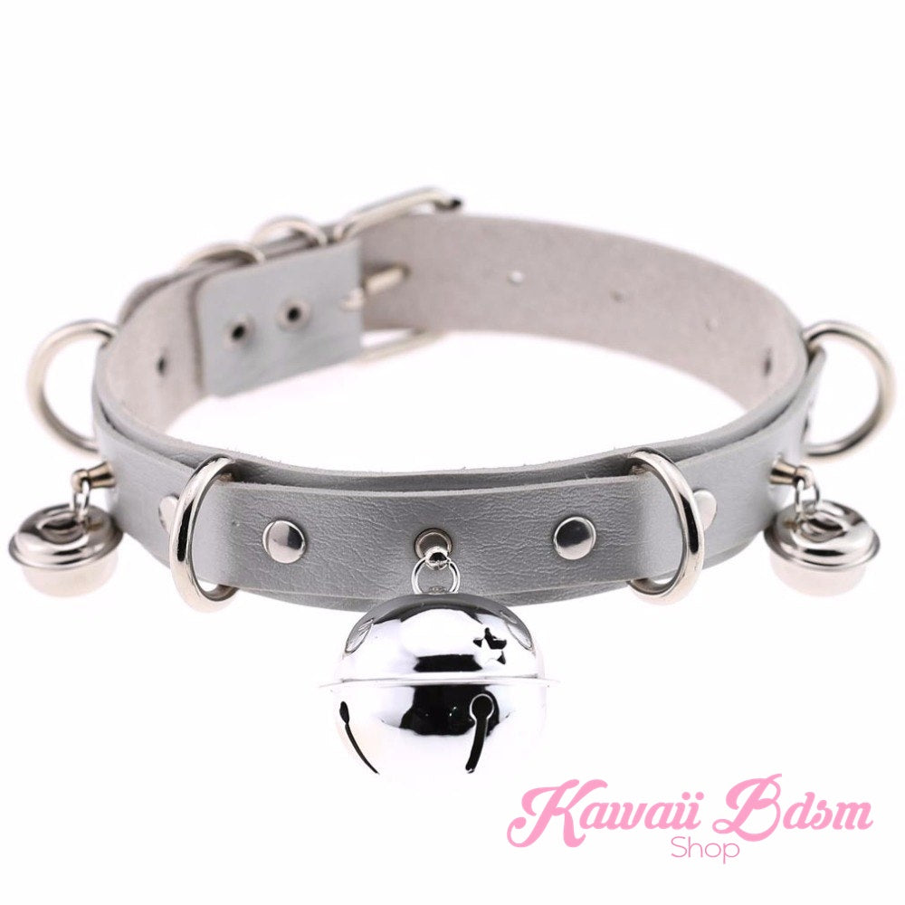 The light silver-grey leather petplay collar variation with matching polished silver hardware and bells.
