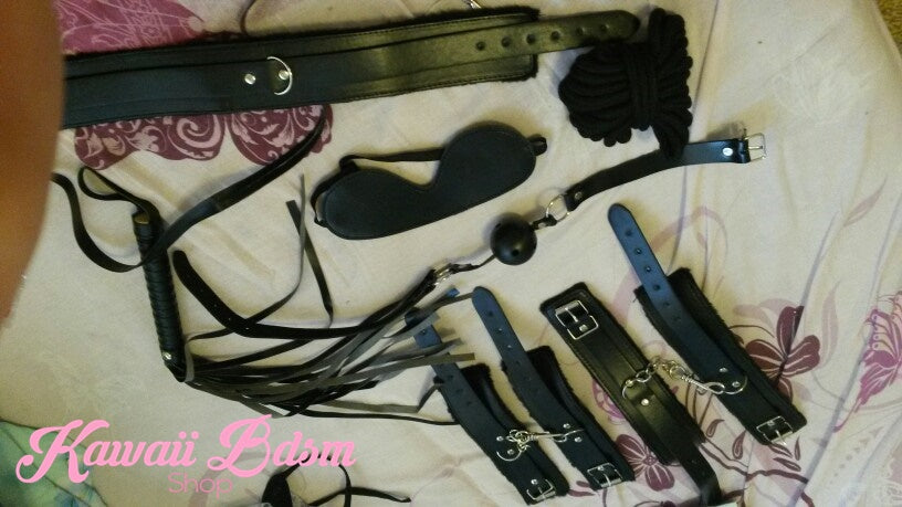 Bdsm kit Set 10 pcs pet bone gag hand cuffs collar leash ankle cuffs whip paddle nipple clamps  feather rope shibari bondage cute pink black red aesthetic ddlg cglg mdlg ddlb mdlb little submissive restraints sex couple by Kawaii BDSM - cute and kinky / Worldwide Free Shipping (11017516999)