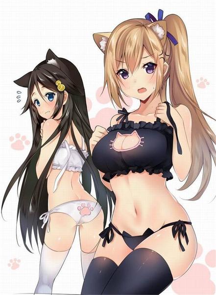 Anime-style illustration of two cute anime girls wearing the black and white kawaii neko cat lingerie sets, demonstrating the otaku aesthetic and cosplay inspiration behind this sexy kitten play outfit.