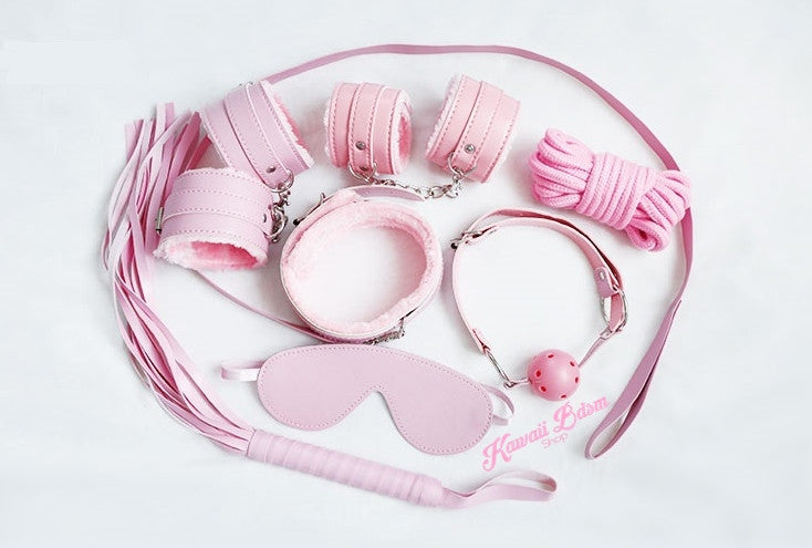 Organized layout of the pink beginner bondage kit including a ball gag and cotton bondage rope.