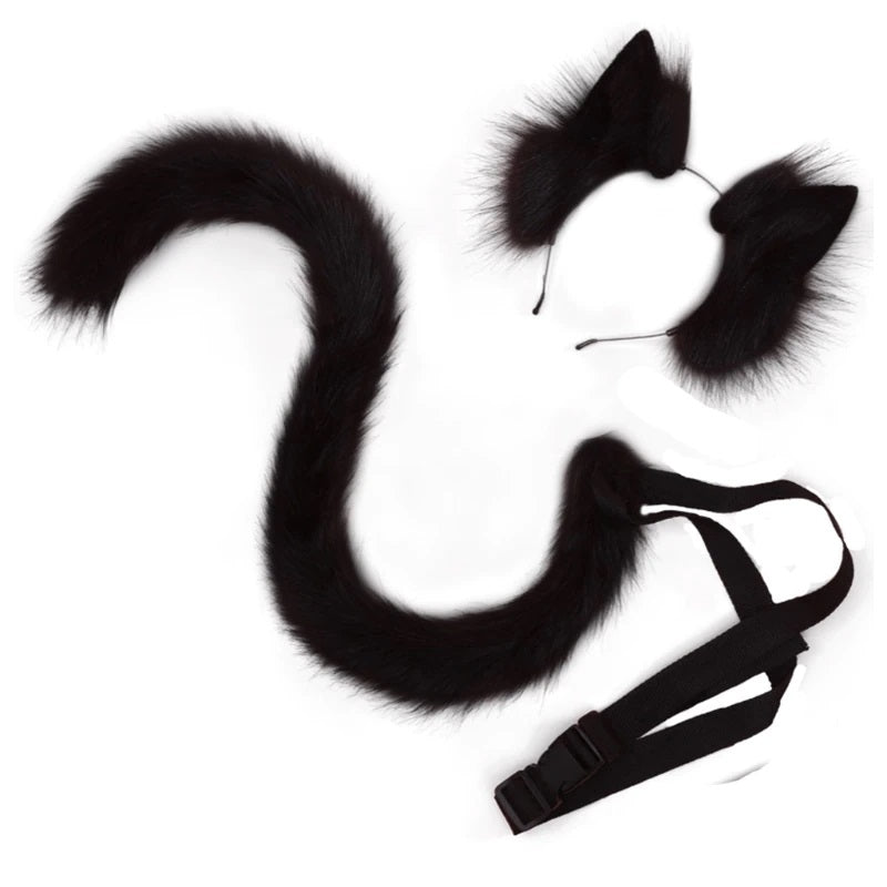 A flat lay of a black SFW posable animal tail and matching ears, clearly showing the wire-curved tail shape and the adjustable black waist strap buckle.
