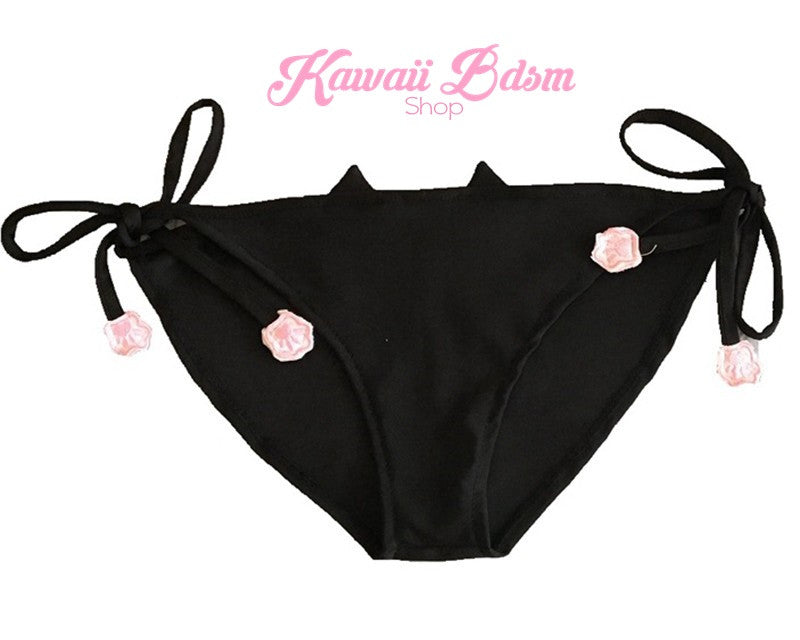 Flat lay front product view of the black kawaii neko lingerie panties, showcasing the smooth cotton-blend fabric, low-rise cheeky fit, and adjustable string tie-sides designed for a comfortable, custom fit.