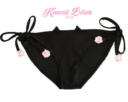 Flat lay front product view of the black kawaii neko lingerie panties, showcasing the smooth cotton-blend fabric, low-rise cheeky fit, and adjustable string tie-sides designed for a comfortable, custom fit.