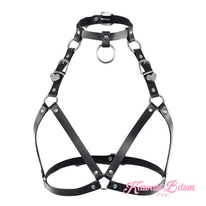 Front view of the black Baby Dom harness made of high-quality faux leather with silver O-ring and buckles.
