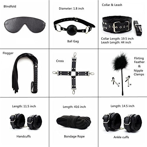 Technical guide showing dimensions for the ball gag, collar, leash, and hand/ankle cuffs.