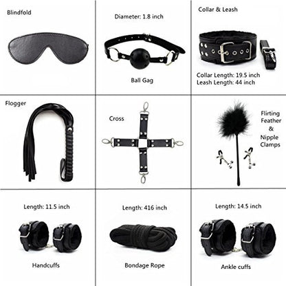 Technical guide showing dimensions for the ball gag, collar, leash, and hand/ankle cuffs.
