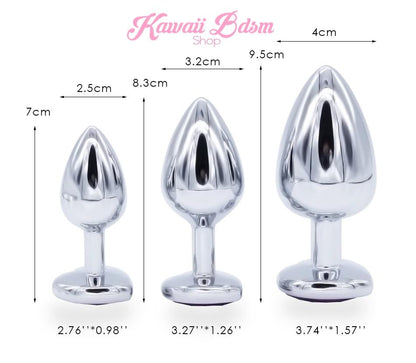 Detailed size chart for the 3-piece crystal heart metal plug set showing visual dimensions for the small, medium, and large sizes.