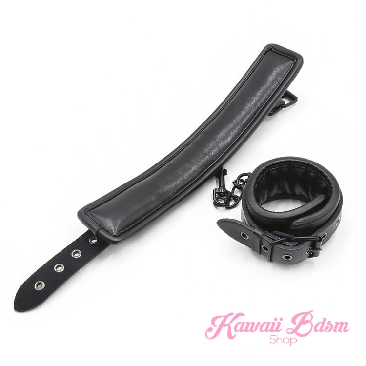 Bdsm bondage kit set vegan leather faux superior premium luxury restraints couple sex black collar hand cuffs ankle leash pet play kitten submissive sub slave by Kawaii Bdsm - cute and kinky / worldwide Free & Discreet Shipping (1227495637044)