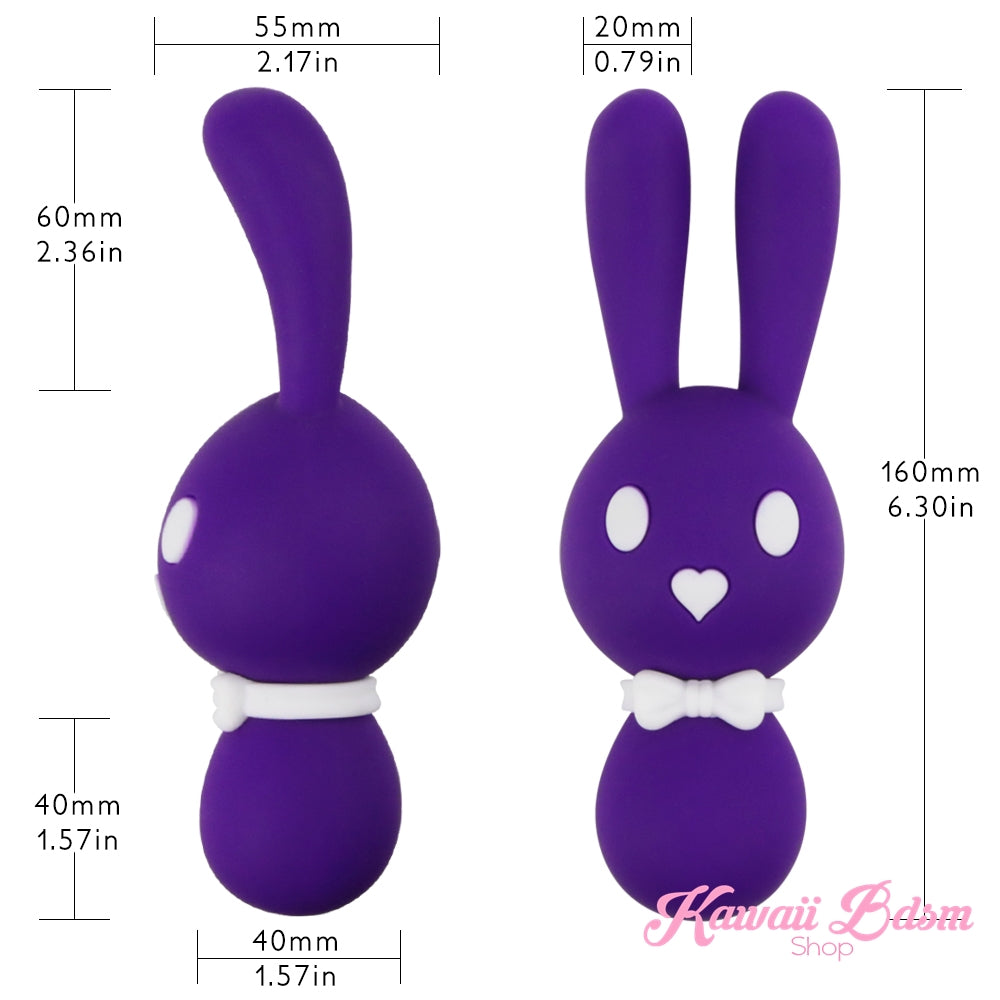 A size diagram of the dark purple Mitzi bunny vibrator showing the exact dimensions and proportions of the toy and its bendable ears