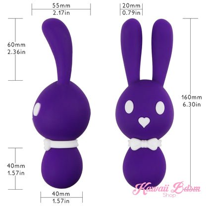 A size diagram of the dark purple Mitzi bunny vibrator showing the exact dimensions and proportions of the toy and its bendable ears