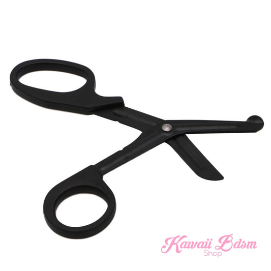 Black medical-grade safety shears slightly open, perfectly showcasing the blunt-nosed safety tip used to protect the skin during rope removal.