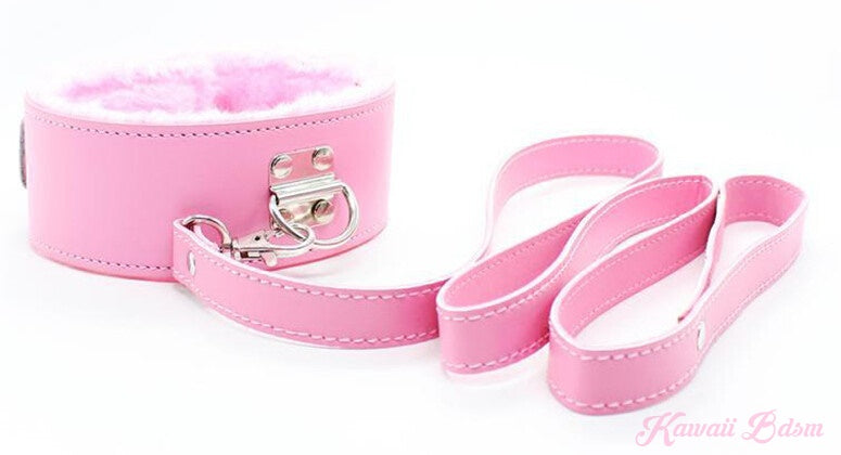 Pink vegan leather collar with matching leash, lined with soft pink faux fur for kawaii pet play.