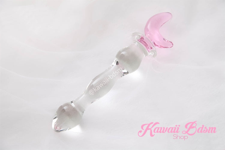 High-quality borosilicate glass dildo featuring a translucent pink moon base on a clear glass body.