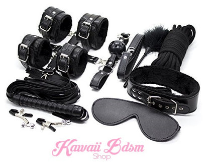 High-quality black vegan leather kinky accessories including a 5-meter bondage rope and cross belt.
