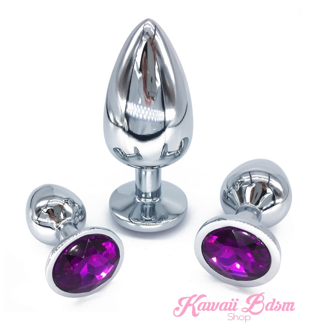 Three gorgeous purple gemstone stainless steel plugs standing together to show the progression from beginner to advanced sizes.