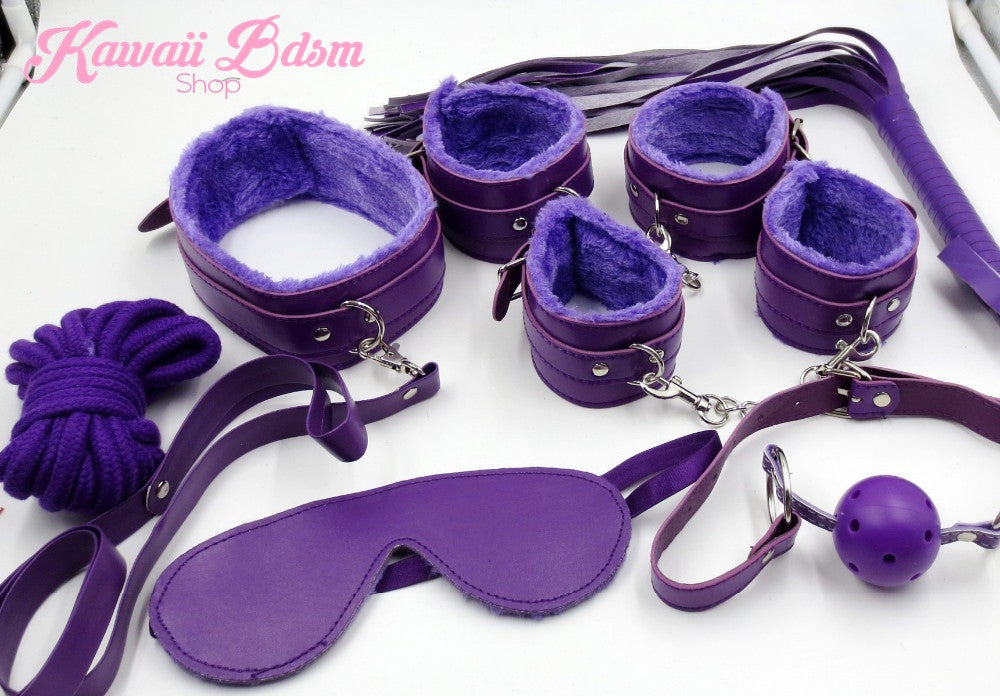 Purple Bondage kit set princess love couple gift 7pcs bdsm kawaii cute handcuffs gag collar leash shibari rope flogger wrist cuffs kittenplay petplay gear  (11017462151)