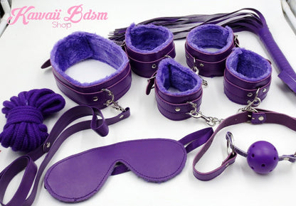 Purple Bondage kit set princess love couple gift 7pcs bdsm kawaii cute handcuffs gag collar leash shibari rope flogger wrist cuffs kittenplay petplay gear  (11017462151)
