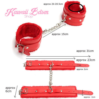 A detailed sizing diagram of the red faux leather cuffs, showing the exact adjustable buckle strap lengths and width.