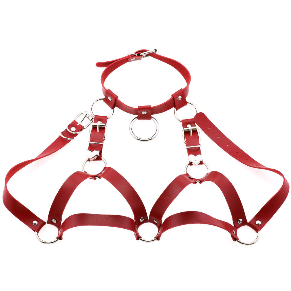 Vibrant red gothic chest harness featuring silver metal rings and adjustable belt-style buckles.