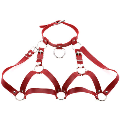Vibrant red gothic chest harness featuring silver metal rings and adjustable belt-style buckles.